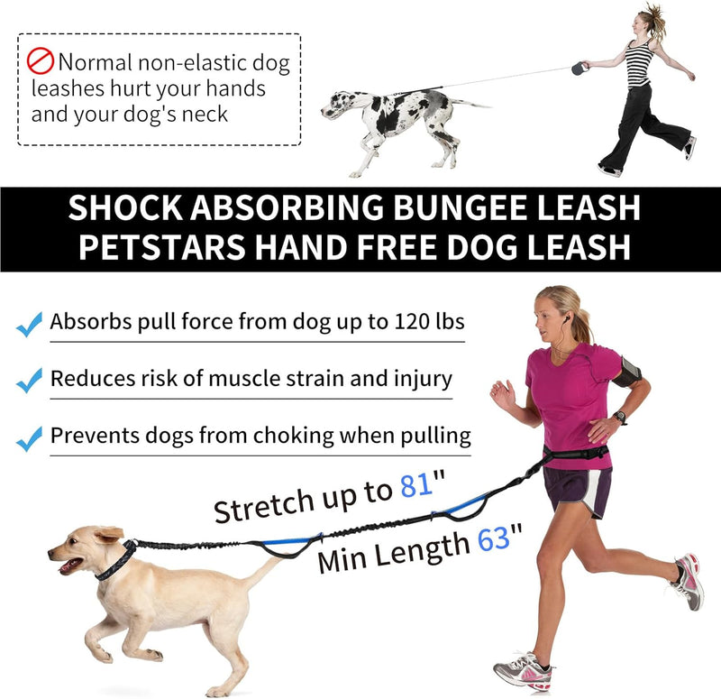 Hands Free Dog Leash with Zipper Pouch, Retractable Bungee Waist Leash with Dual Padded Handles & Waist Belt Fanny Pack for Medium & Large Dog Training Walking Running Hiking Jogging (Blue) Blue - BeesActive Australia