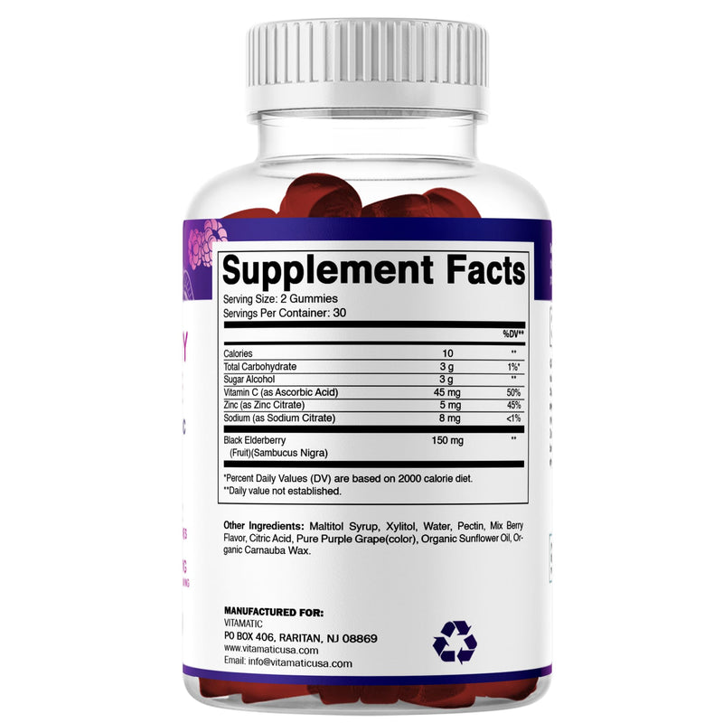 Vitamatic Elderberry Gummies with Vitamin C & Zinc – Immune Support Supplement – Mixed Berry Flavor– 60 Gummies – Made in The USA, Vegan, Non-GMO, Gluten-Free (Pack of 2) 60 Count (Pack of 2)