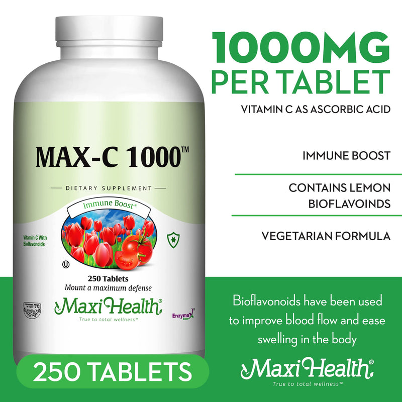Maxi Health 1000 mg Vitamin C - 1000mg Tablets Ultra High Absorption Formula - Gluten Free Kosher Dietary Non GMO Supplement for Immune Support - Vitamin C Tablets from Ascorbic Acid, (250 Count) | Kosher | Vitamin C with Bioflavonoids | Immune Health ...