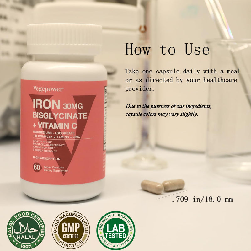 Iron Bisglycinate Supplement for Women - 30mg Iron, 60 Vegan Caps | with Vitamin C, B12, Folate for High Absorption, Chelated Iron for Anemia & Energy Support - Gentle on Stomach, Non-GMO Unflavored 60 Count (Pack of 1)