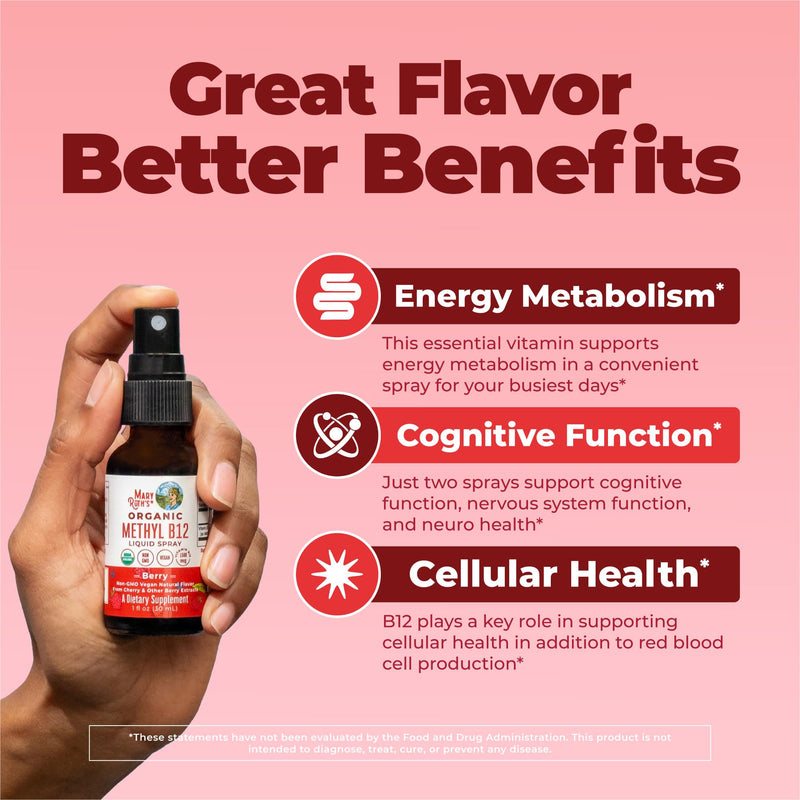 MARYRUTH'S Organic Methyl B12 Spray, 1,500 mcg B12 Per Serving, 1 Fl Oz | Energy Metabolism Support, Gluten Free, Vegan, Non-GMO Berry 1 Fl Oz (Pack of 1)