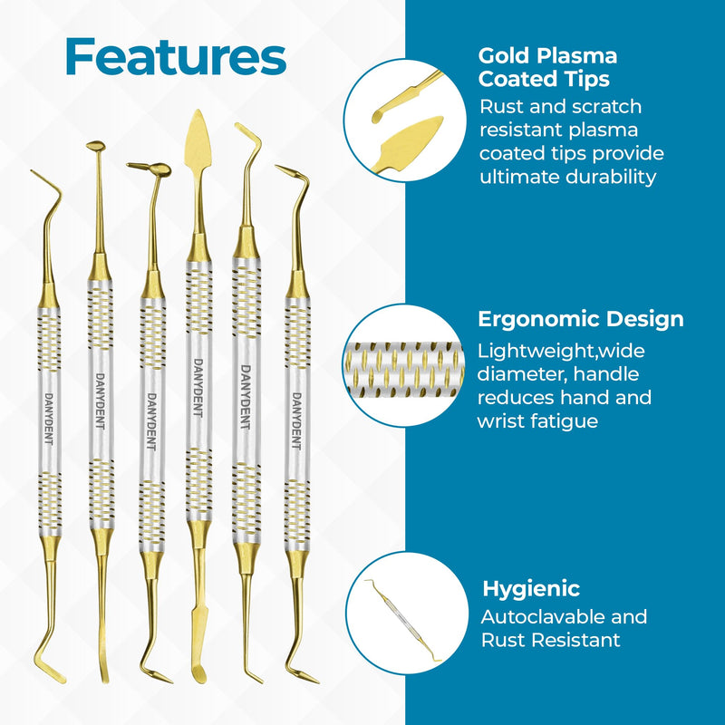 6 PCs Dental Composite Resin Filling Gold Coated Restorative Kit - Composite Dental Hand Instruments - Dental Tools Professional Stainless Steel Restorative Instruments - BeesActive Australia