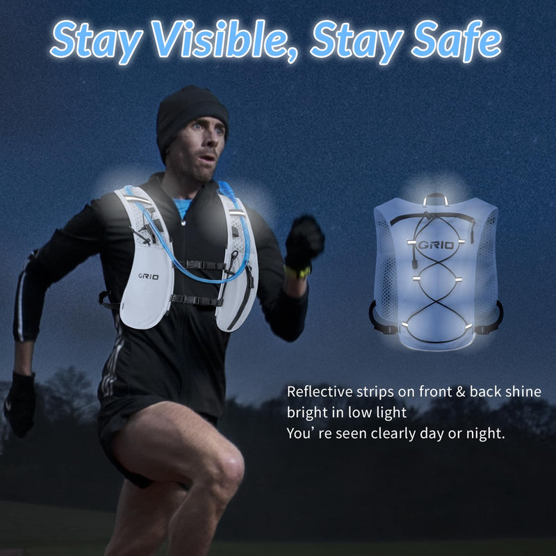 Running Vest for Women Men, Adjustable Chest Straps Running Hydration Vest with 1.5L Water Bladder, Lightweight Breathable Reflective Hydration Pack for Marathon, Trail, Hiking, Cycling White One Size