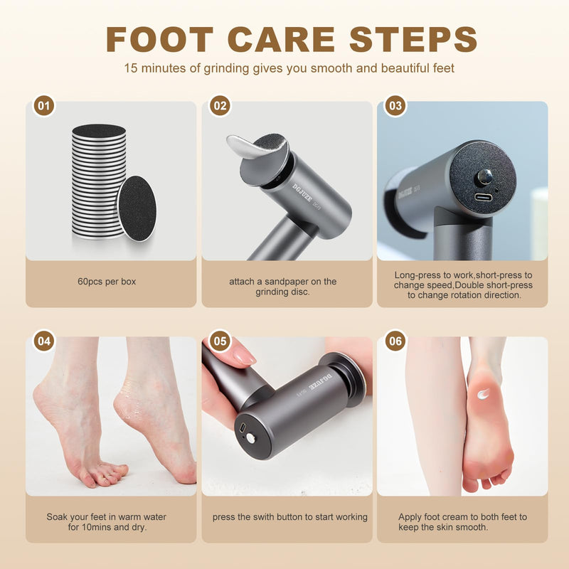 Premium Electric Foot Callus Remover, Ergonomic T-Grip 2600mAh Rechargeable 3-Speeds All Metal Foot File for Dead Skin Cracked Heels Pedicure kit at Home with 60pcs Sandpaper Pads Grey