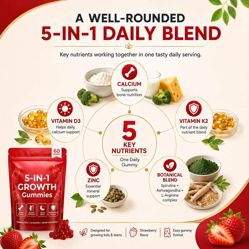 5-in-1 Growth Gummies, Supports Natural Height & Bone Development with Essential Amino Acids & D3, K2, Delicious Strawberry Flavor, 60-Count
