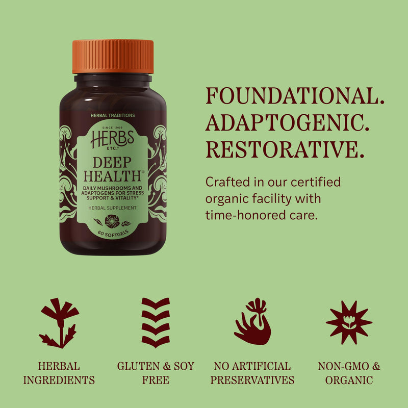 Herbs Etc. Deep Health Softgels, Adaptogenic Mushroom Complex, 60 Count | Daily Vitality Herbal Supplement with Reishi, Shiitake, and Rhodiola Root for Stress and Immune System Support, Organic 60 Count (Pack of 1)