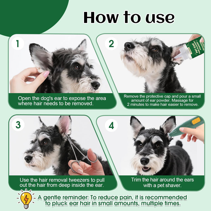 Dog Ear Hair Removal Tool – 30g Ear Powder, 5.5" Hemostat & Electric Dog Ear Trimmer – Helps Reduce Wax & Odor – Grooming Kit for Schnauzers, Poodles & Breeds with Ear Hair 3 Pack