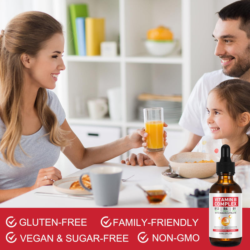 Vitamin B Complex Liquid, Vegan Vitamin B12 Liquid Drops | B12 Methylcobalamin | B1 Thiamine | B6 Pyridoxine | Folic | Niacin - B Complex Liquid Drops, Support Energy, Brain & Heart, 40 Servings