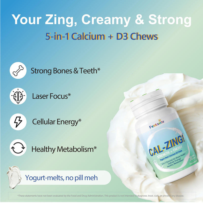 Pentavite Cal-Zing Calcium with Taurine and Vitamin D3, Yogurt Chewable, Supplements for Women and Men, Strong Bones & Teeth, Energy Support, Laser Focus and Healthy Metabolism, 90 Days Supply