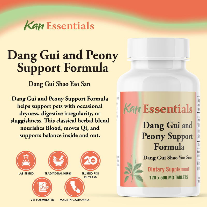 Kan Herb Essentials Dang Gui and Peony Support – Traditional Chinese Herbal Blend for Dogs and Cats to Support Skin Health, Digestion, Mood, and Fluid Balance, Herbal Supplement for Pets, 120 Tablets