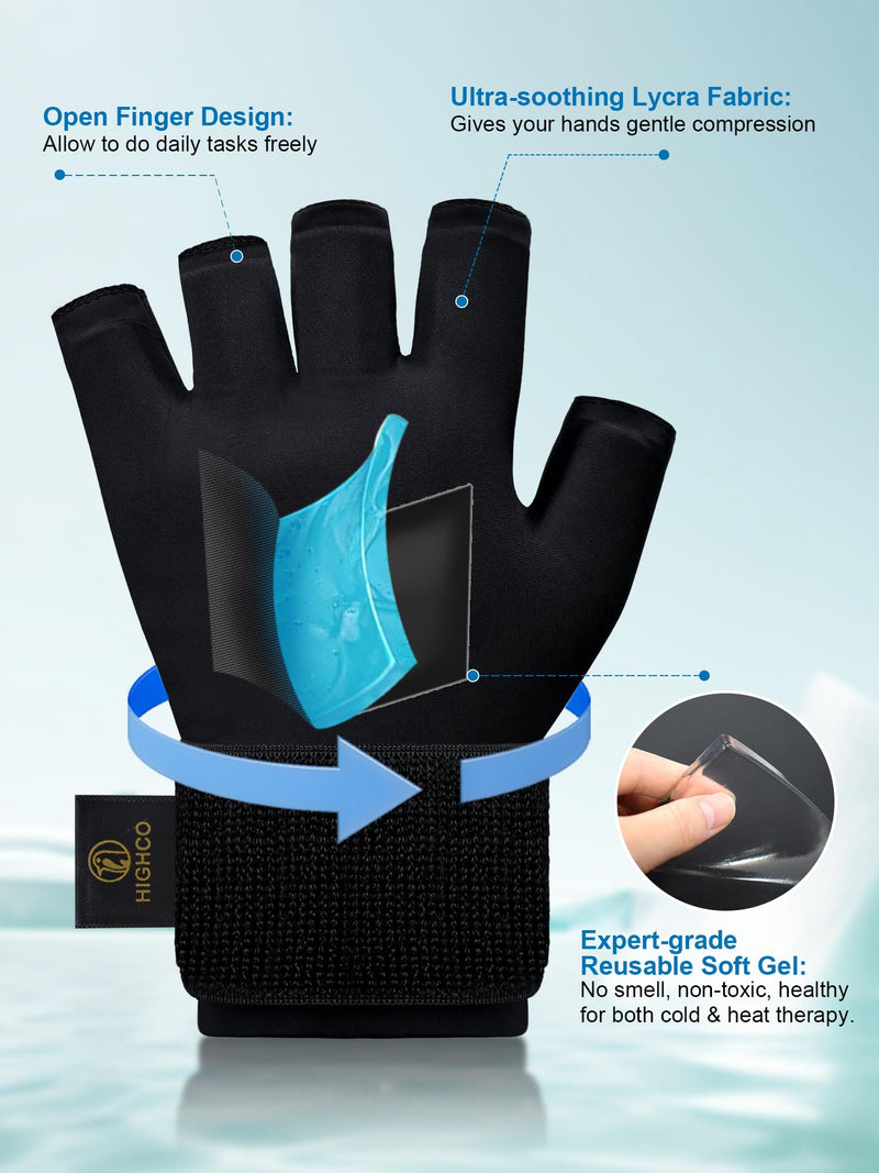 highco Hand Ice Pack Cooling Ice Glove for Pain Relief,Hot&Cold Therapy Hand Wrist Ice Pack Wrap for Arthritis Glove-black