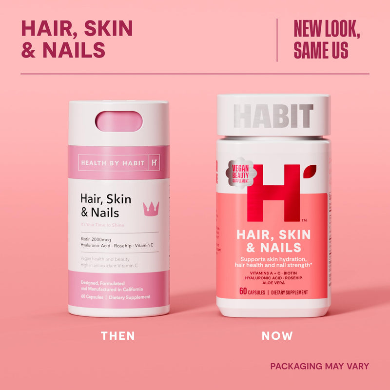 Habit Hair, Skin & Nails Supplement 2 Pack (120 Capsules) - New Look, Supports Skin Hydration, Hair & Nail Strength, Biotin 2000mcg, Vitamin A & C, Hyaluronic Acid, Rosehip, Vegan, Non-GMO Dual Pack