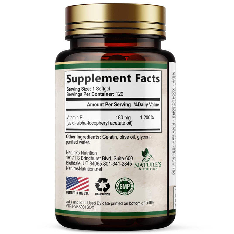 Vitamin E 180mg Per Serving - E Vitamins DL-Alpha, Antioxidant-Rich Dietary Supplement for Skin, Heart, and Immune Support, USA Bottled, Easily Absorbed, Non-GMO & Gluten Free - 120 Softgels 120 Count (Pack of 1)