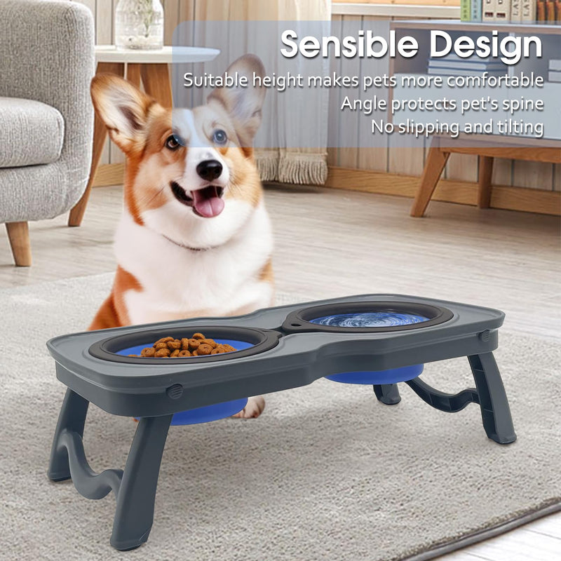 PINVNBY Elevated Portable Dog Bowl, Travel Raised Dog Stand with Collapsible Silicone Double Diner Puppy Bowls Non-Slip Dog Food Water Bowls Holder for Small Dogs and Cats - 14.6" L x 7.5" W x 3.9" H S:7.5 x 14.6 x 3.9 inches - BeesActive Australia