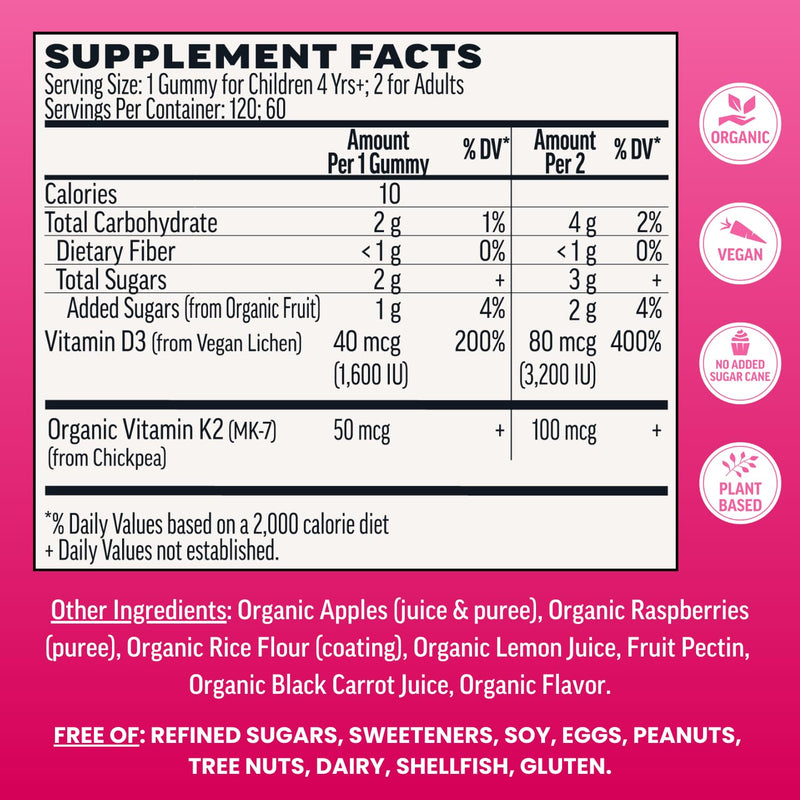 Llama Naturals Vitamin D3 K2 Gummies for Adults and Kids, Vegan, Organic, Vitamin D Gummies, Real Fruit Gummy Vitamins, No Added Sugar Cane, Raspberry, 120 Ct 120 Count (Pack of 1)