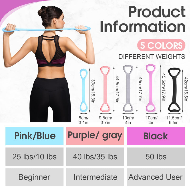 Soulchen 5 Pack Figure 8 Fitness Resistance Bands Elastic Bands(10 Lbs-25 Lbs-35 Lbs-40 Lbs-50 Lbs)for Arm, Back, Chest and Shoulder, Yoga, Pilates, Stretching, Workout Pulling Rope for Women and Men