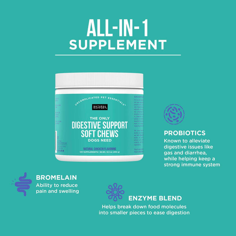 Natural Rapport Dog Digestive Supplement - The Only Digestive Support Soft Chews Dogs Need - 120ct Treats that Contain Probiotics and Enzymes to Support Digestion and Gut Health Digestive Chew