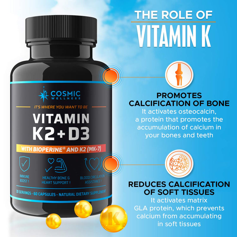 K2 D3 Vitamin Supplement 5000 Iu - for Healthier Bones, Blood, Heart, and Better Immunity - Enhanced Calcium Absorption with Bioperine - 100% Natural and Allergen-Free - Vitamin D3 K2 Mk7 5000 Iu