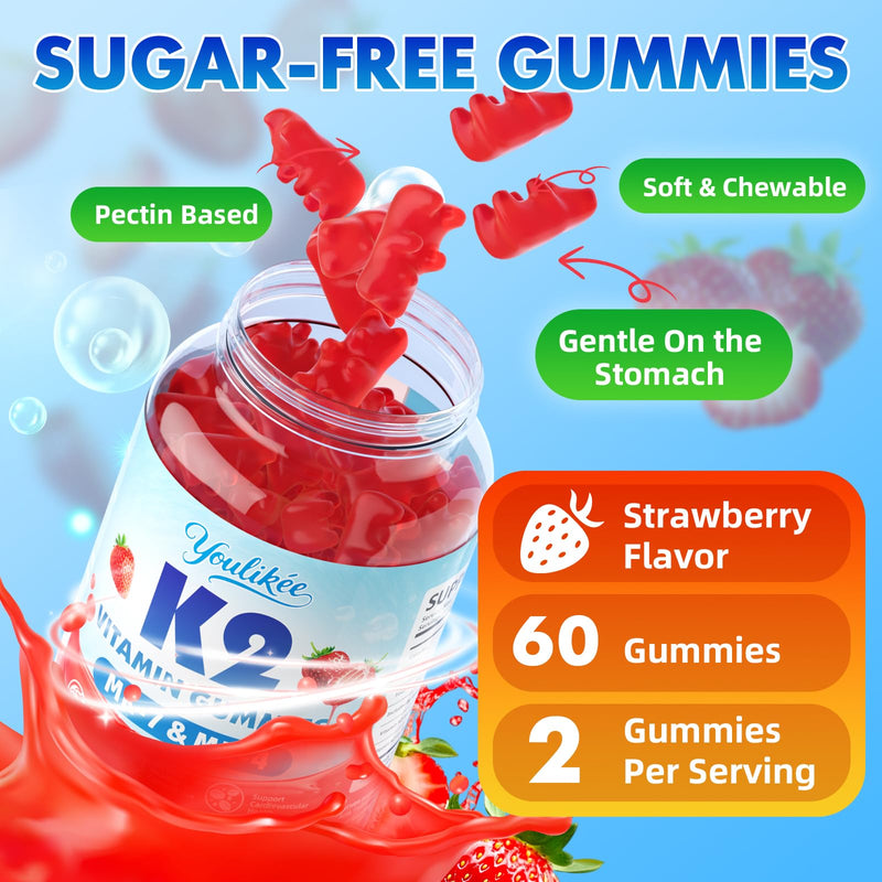 Vitamin K2 Gummies, Dual Formula Vitamin K2 Supplement with MK-7 & MK-4, Supports Bone Health, Gluten-Free, Sugar-Free, Non-GMO, Strawberry Flavor, 60 Gummies 60 Count (Pack of 1)