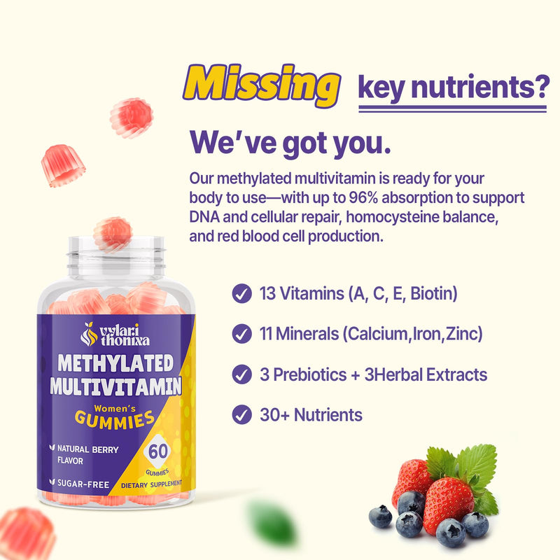 Methylated Multivitamin for Women Gummies, Methylfolate & B12, TMG, Calcium, Probiotic, Daily Vitamin A, C, E, B Complex - Energy, Immune, Bone, Skin, Hair - Vegan, Sugar Free, 120 Count 60 Count (Pack of 2)