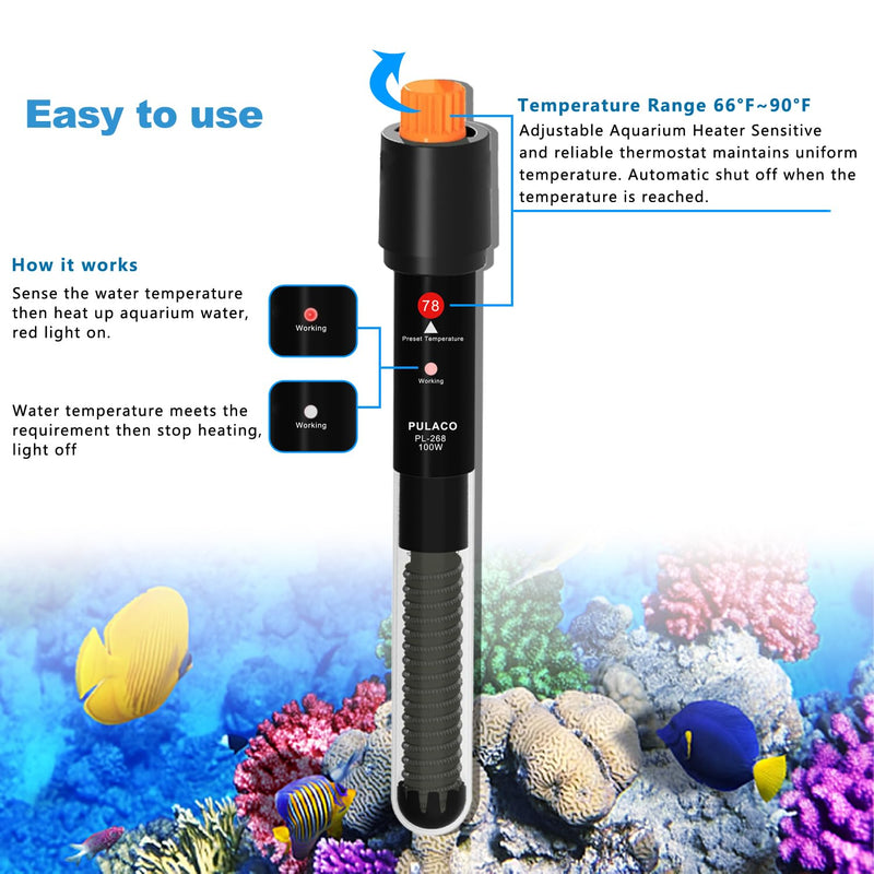 PULACO 100Watt Aquarium Heater for 15-25 Gallon Fish Tank, Adjustable Submersible Heater Thermostat with Thermometer Strip and Suction Cup 100W for 15-25 gallon