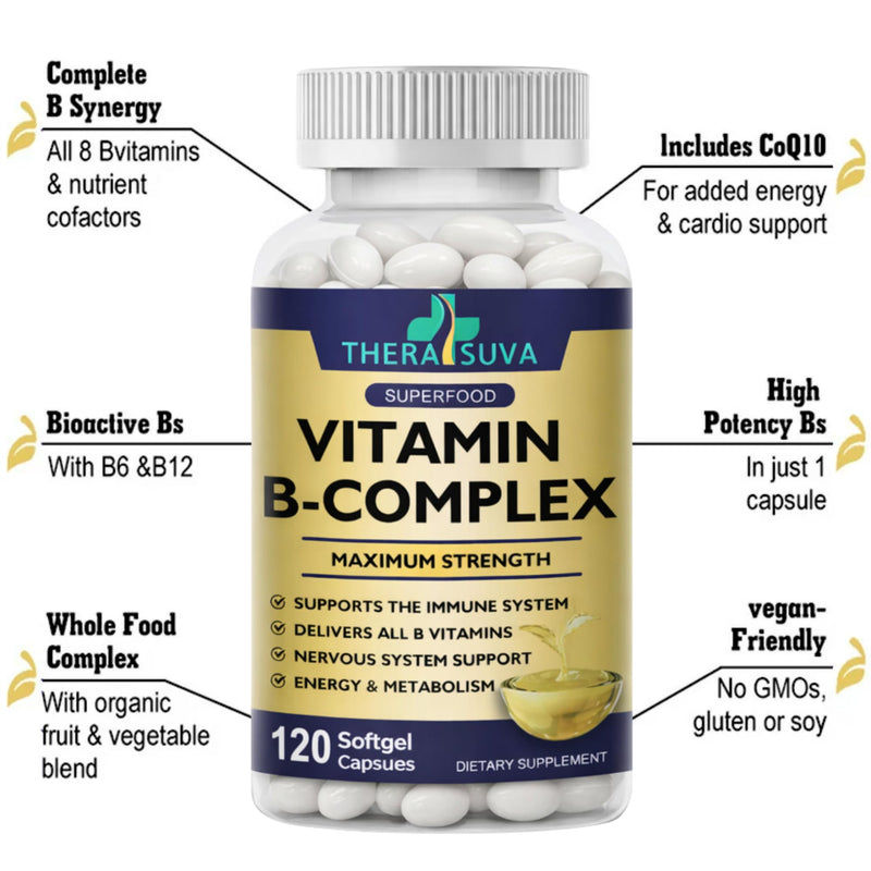 TheraSuva Vitamin B-Complex + CoQ10 + Vitamin C - Max Strength Supplement for Energy, Metabolism Support, 2 Month Supply, 120 Softgels
