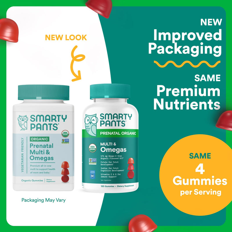 SmartyPants Organic Prenatal Vitamins for Women,Multivitamin Gummies: Biotin,Methylfolate,Omega 3 (ALA),Vitamin D3,C,Vitamin B12,B6,A,K2 & Zinc,Choline,Vegetarian,(30 Day Supply),120 Count(Pack of 2) 1 Count (Pack of 2) Organic + Omega