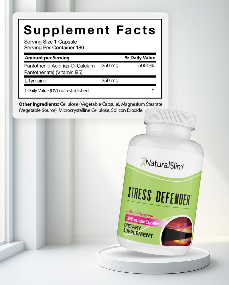 NaturalSlim Stress Defender | Cortisol Reducer & Stress Relief | Cravings, Sleep & Metabolism Support | Vitamin B5 & L-Tyrosine | 180 Vegetable Capsules 180 Count (Pack of 1)