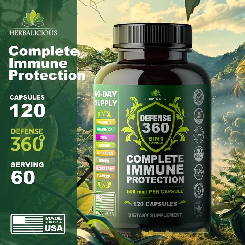 Defence360 Immune Support 8-in-1 Supplement with Vitamin C, D3, Zinc, Elderberry, Echinacea, Turmeric, Ginger & Quinine, Immune Protection, Energy and Vigor, Brain Boost, Stress Relief (120 Capsules)