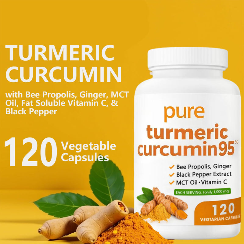 Turmeric Curcumin 95 1000mg - 95% Turmeric Complex Supplement with Bee Propolis, Ginger, MCT Oil, Fat Soluble Vitamin C, & Black Pepper, Non-GMO, Gluten Free, 120 Capsules