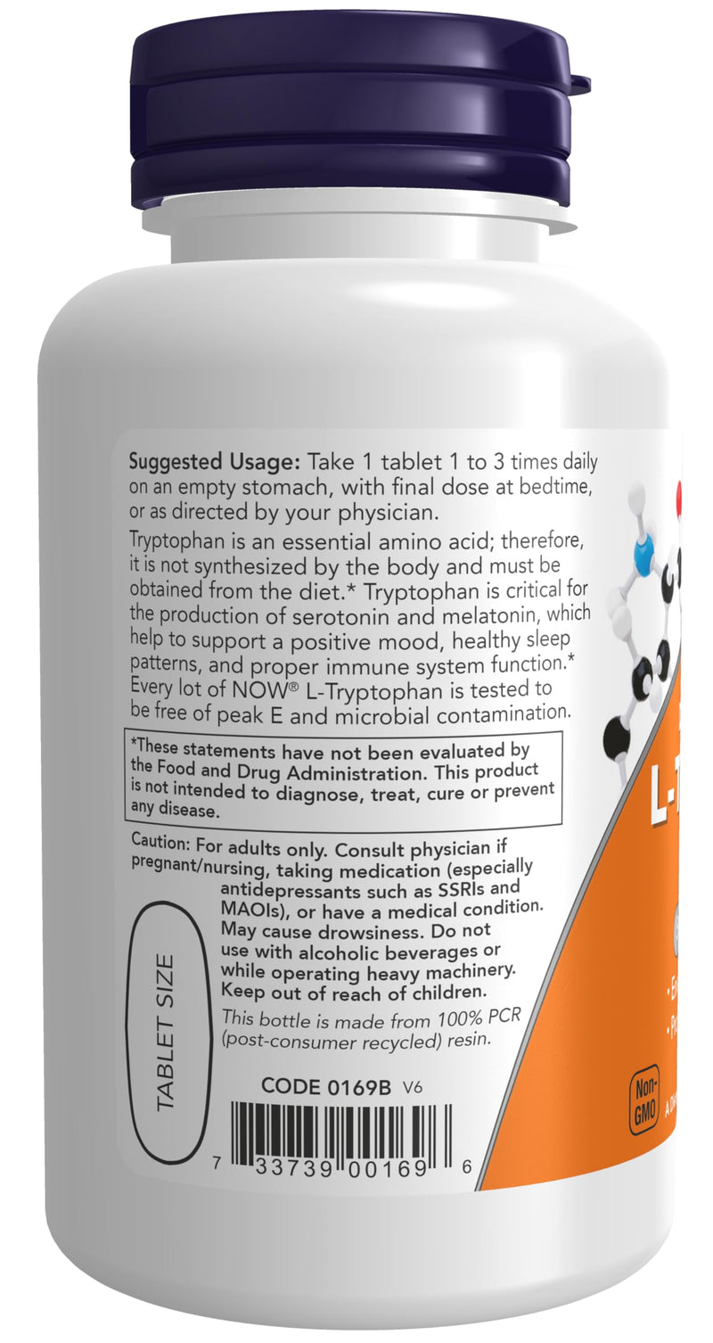 NOW Foods Supplements, L-Tryptophan 1,000 mg, Double Strength, Encourages Positive Mood*, Supports Relaxation*, 60 Tablets Unflavored 60 Count (Pack of 1)