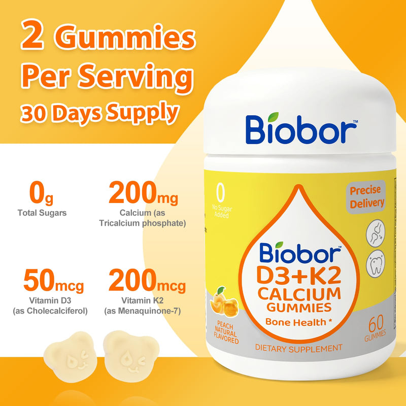 2 Pack Vitamin D3 K2 Calcium Gummies, 2000 IU D3, 200 mcg MK-7, 60 Count | Supports Healthy Bones and Immune Health. No Sugar Added, GMO Free, Gluten Free. Delicious Peach Flavor for Daily Wellness. Yellow Peach 60 Count (Pack of 2)