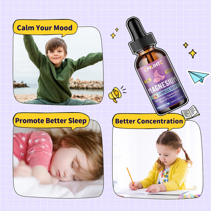 Kids Magnesium Liquid Drops-Magnesium Glycinate Liquid for Kids Supplement-w/L-theanine, Omega-3, Vitamin B6, D3 - for Sleep, Relaxation, Brain, Bones - Cherry Flavor, 2 Fl Oz 2 Fl Oz (Pack of 1)