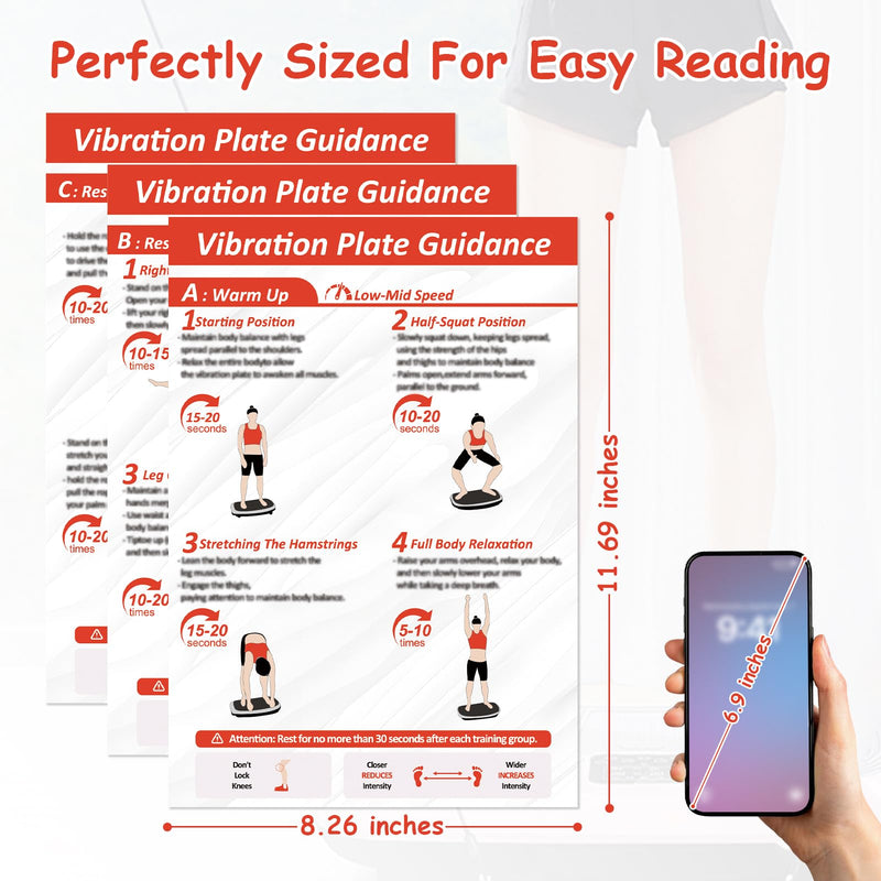 Vibration Plate Exercise Machine Workout Chart Posters - 6 Laminated Wall Fitness Guide & 2 Reusable Planner & 1 Erasable Pen, Suitable for Home Gym Whole Body Training