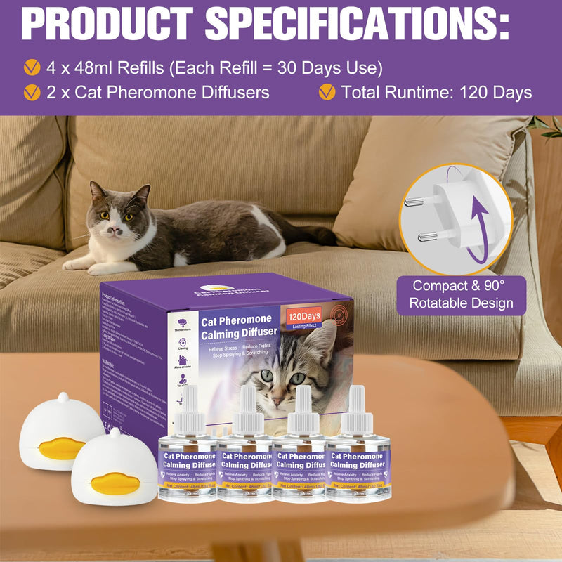 Cat Calming Pheromone Diffuser, 4 Refills 48ml & 2 Diffusers, 120 Days Long-Lasting, Relieve Anxiety, Reduce Fighting, Spraying & Scratching, Safe for Cats Kittens & Humans 1