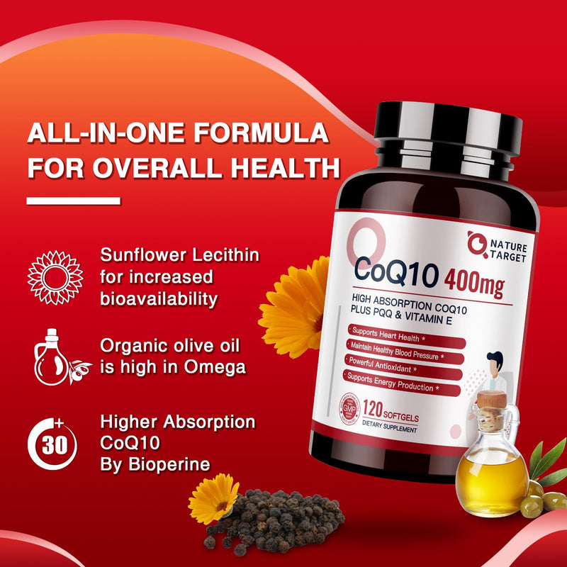 NATURE TARGET CoQ10 400mg Plus PQQ with Vitamin E, 120 Servings | Coenzyme Q10 with Organic Olive Oil and BioPerine, High Absorption Antioxidant for Heart Health and Energy Production 120 Count (Pack of 1)
