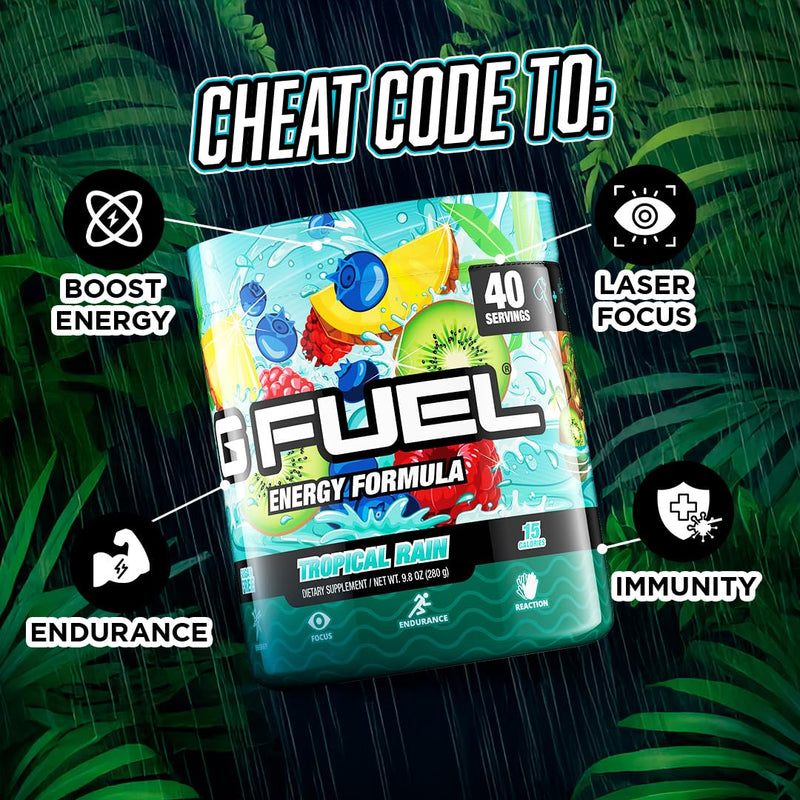 Gamma Labs G Fuel Tropical Rain Energy Drink Powder, Pre Workout Caffeine Mix for Gaming, Sugar Free Focus Amino, Vitamin + Antioxidants, 9.8oz Fruit Medley, 40 Servings Pineapple Raspberry Medley
