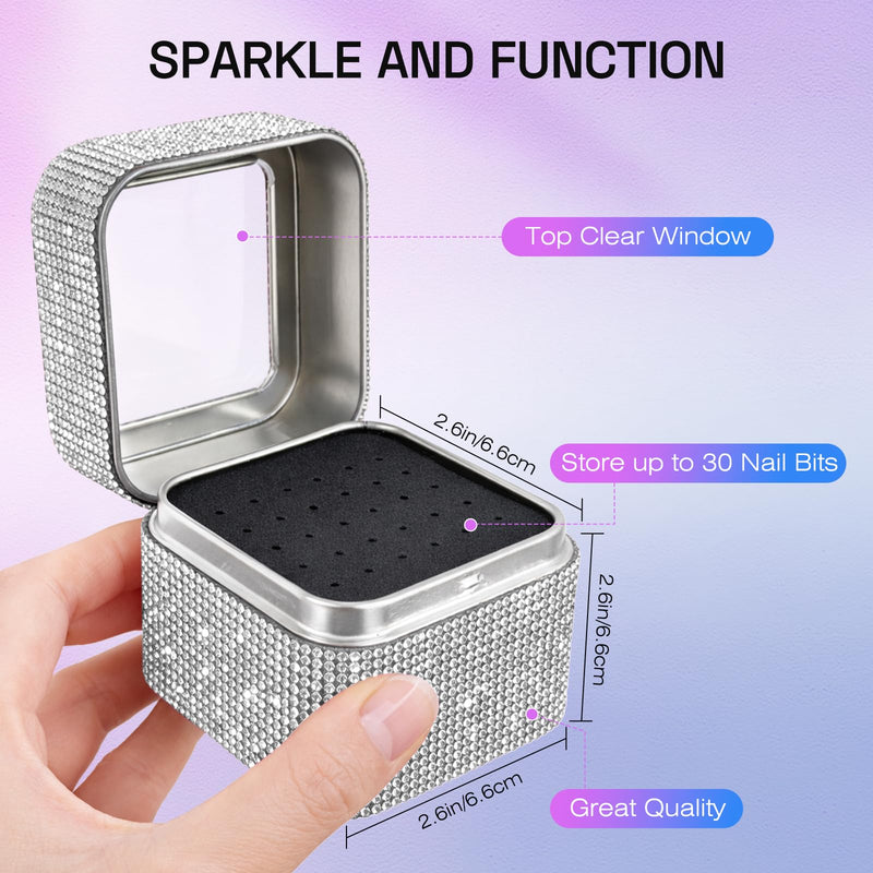 100Pcs Nail Drill Bits Set with Storage Box – 25Pcs Tungsten Carbide & Ceramic & Cuticle Professional Bits + 75Pcs Small Sanding Bands (80/120/180 Grit) Manicure & Pedicure Tools Kit Gift for Women Silver Set