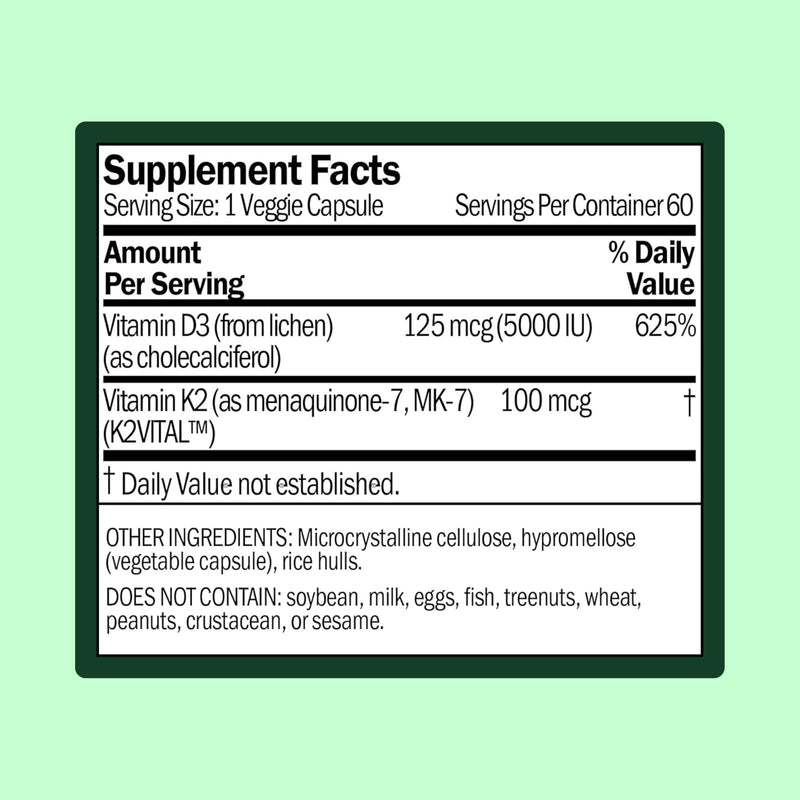 WellWithAll Vitamin D3 5000 IU (125 mcg) with Vitamin K2 100 mcg Supplement | Supports Calcium Utilization, Immune Support, & Cardiovascular Wellness | Plant Based, Major Allergen Free | 60-Day Supply