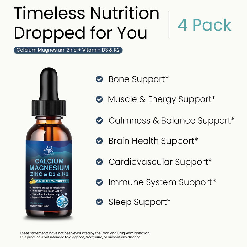 (4 Pack) 10 in 1 Calcium Magnesium Zinc Supplement, Magnesium Glycinate Complex Liquid Drops with Vitamin D3 K2 B6, Vegan Calcium Citrate Bone & Immune Health Support, Sleep & Cramps, Boron, 1 Fl Oz Lemon 1 Fl Oz (Pack of 4)