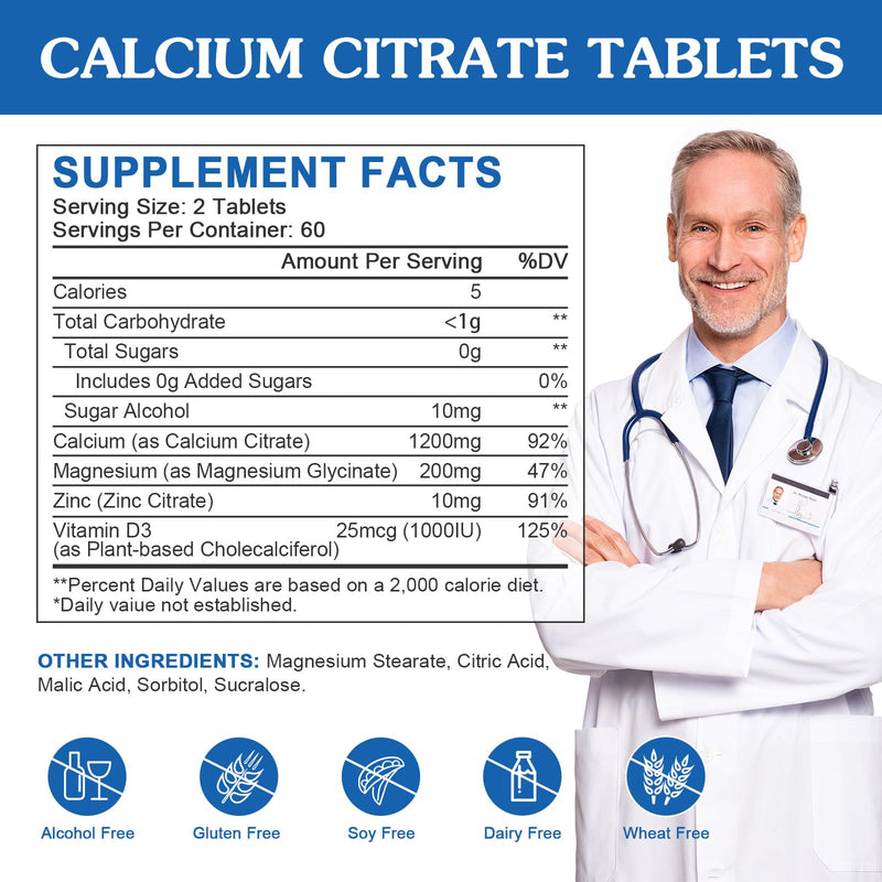 Calcium Citrate 1200mg Supplement with Vitamin D3 for Women & Men, 120Ct | WOGORGT - Calcium Citrate Tablets with Magnesium, Zinc, D3 Supplement, Bone, Teeth, Immune Support for Women & Men, Vegan 120 Count (Pack of 1)