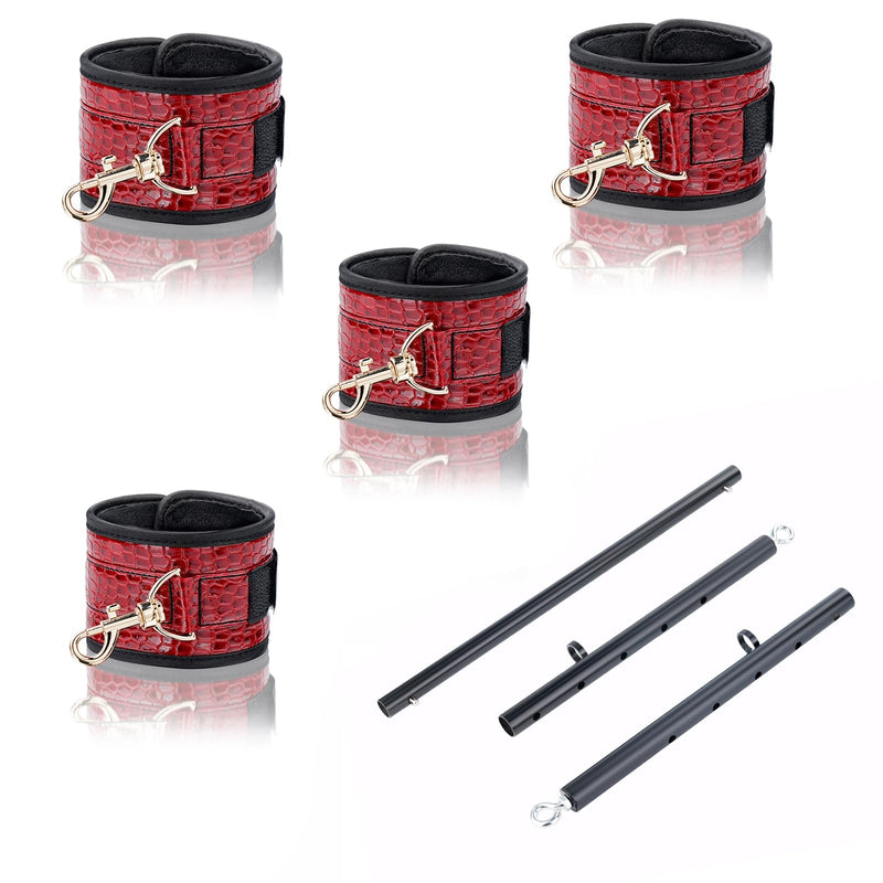 3 in 1 Heavy Duty Stainless Steel Expandable Black Spreader Bar with 4pcs PU Crocodile Red Adjustable Straps,Workout Bar for Home Gym Training Bar,Portable Detachable Pilates Kit