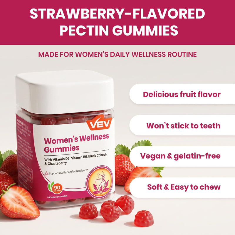 VEV Women's Wellness Gummies, Black Cohosh, Chasteberry, D3, B6, 90 Count | black cohosh supplements women & vitex chasteberry supplement for women, Vegan Pectin Gummies, 90 Count 90 Count (Pack of 1)