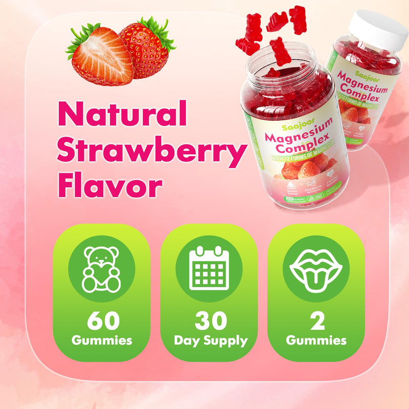 Magnesium Complex Gummies – with 12 Forms of Magnesium (Citrate, Glycinate, Malate, Oxide, and More) Plus Vitamins B6, B12, and C. for Women and Men – Strawberry Flavor, 60 Count 1 Pack
