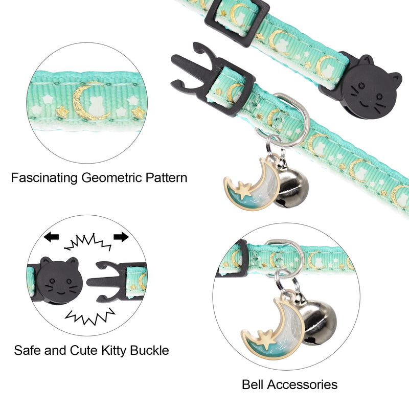 2 Pack Breakaway Cat Collar with Bells,Adjustable Moon and Star Kitten Safety Collars for Boys & Girls,Purple+Teal 7-11'' Teal+Purple - BeesActive Australia