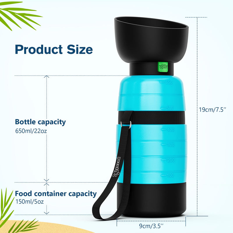 Pecute Upgraded 22 oz Dog Water Bottle with 5 oz Food Container, Portable Dog Travel Water Bottle Dispenser, Leakproof, BPA Free, Lightweight, Pet Water Bottle Bowl for Outdoor Walking Hiking Camping 22 oz + 5 oz Blue - BeesActive Australia