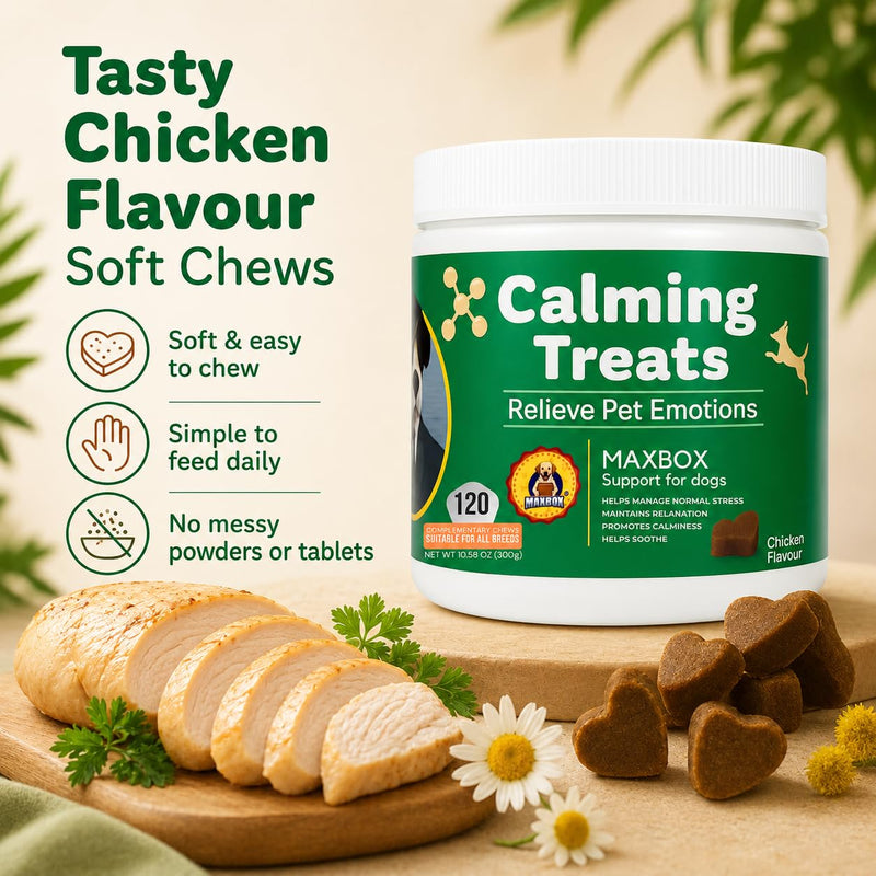 MAXBOX Calming Dog Treats, 100% Natural Soft Chews Reduce Stress, Reduce Stress, Fear, Separation, Barking, Hyperactivity, Reactivity, Aggression, Travel-120 chews