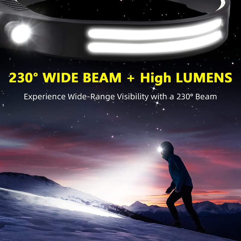LED Headlamp Rechargeable 4PCS - 230° COB Super Bright Head Lights for Forehead, Hard hat Light for Adults, USB C Headband Flashlight for Work, Hiking, Running, Camping Essentials Gear Black 4 Pack - New Upgrade II Dual-Led Strip