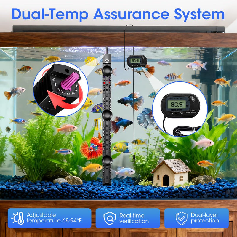 MQ Submersible Aquarium Heater Auto Thermostat, 300W Fish Tank Heater for 35-60 Gallon with LCD Digital Aquarium Thermometer, Shatter-Proof and Blast-Proof 300W for Fish Tank 35-60 Gallon