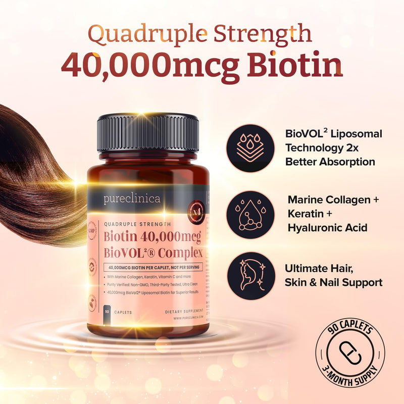 pureclinica 400% Strength Biotin 40,000mcg x 90 Caplets – BioVOL²® Liposomal Biotin Complex | with Marine Collagen, Keratin, Vitamin C & More | 3 Months Supply 90 Count (Pack of 1)